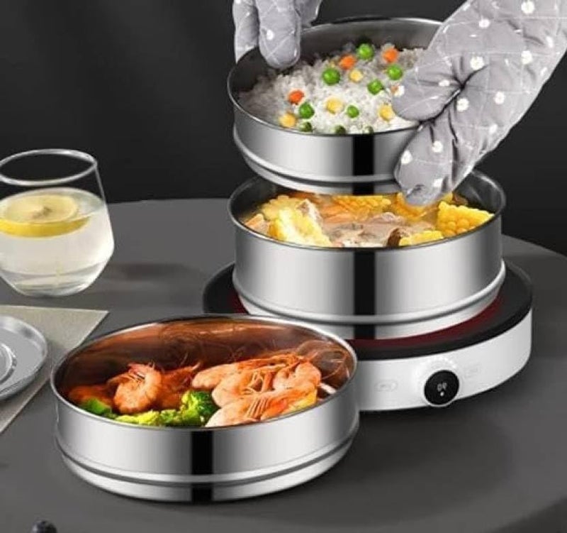 filfora Pressure Cooker Set 5 Litres Outer Lid 3 Containers with Steel Steamer Lifter