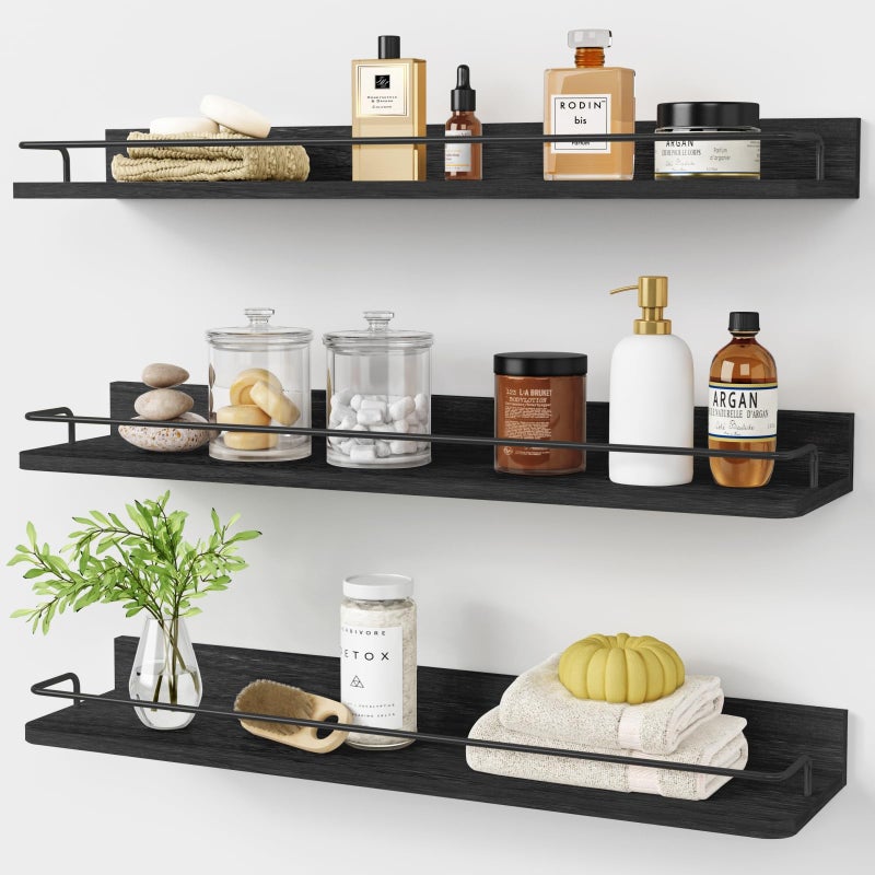 Forbena 24 Inch Wall Shelves for Bedroom 3-Pack, Black Floating Shelves with Rail, Vintage Large Floating Book Shelves for Bathroom Kitchen Living Room Office Decor Kids Room Legos Display (Black) - Image 1