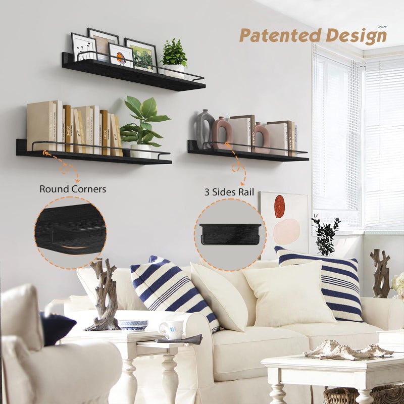Forbena 24 Inch Wall Shelves for Bedroom 3-Pack, Black Floating Shelves with Rail, Vintage Large Floating Book Shelves for Bathroom Kitchen Living Room Office Decor Kids Room Legos Display (Black) - Image 5