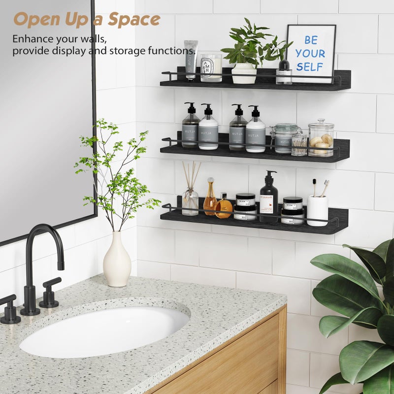 Forbena 24 Inch Wall Shelves for Bedroom 3-Pack, Black Floating Shelves with Rail, Vintage Large Floating Book Shelves for Bathroom Kitchen Living Room Office Decor Kids Room Legos Display (Black) - Image 2