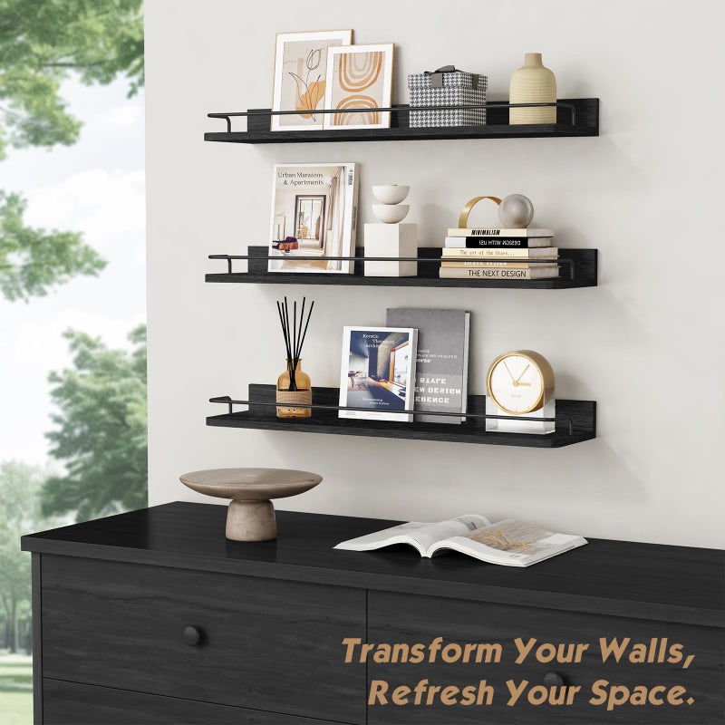 Forbena 24 Inch Wall Shelves for Bedroom 3-Pack, Black Floating Shelves with Rail, Vintage Large Floating Book Shelves for Bathroom Kitchen Living Room Office Decor Kids Room Legos Display (Black) - Image 3