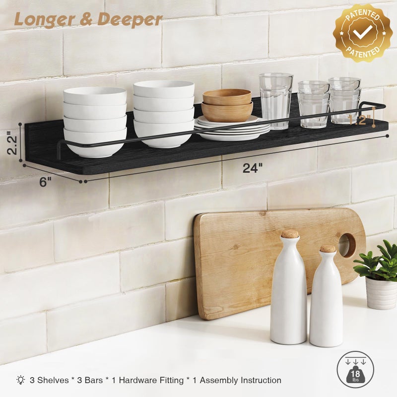 Forbena 24 Inch Wall Shelves for Bedroom 3-Pack, Black Floating Shelves with Rail, Vintage Large Floating Book Shelves for Bathroom Kitchen Living Room Office Decor Kids Room Legos Display (Black) - Image 4