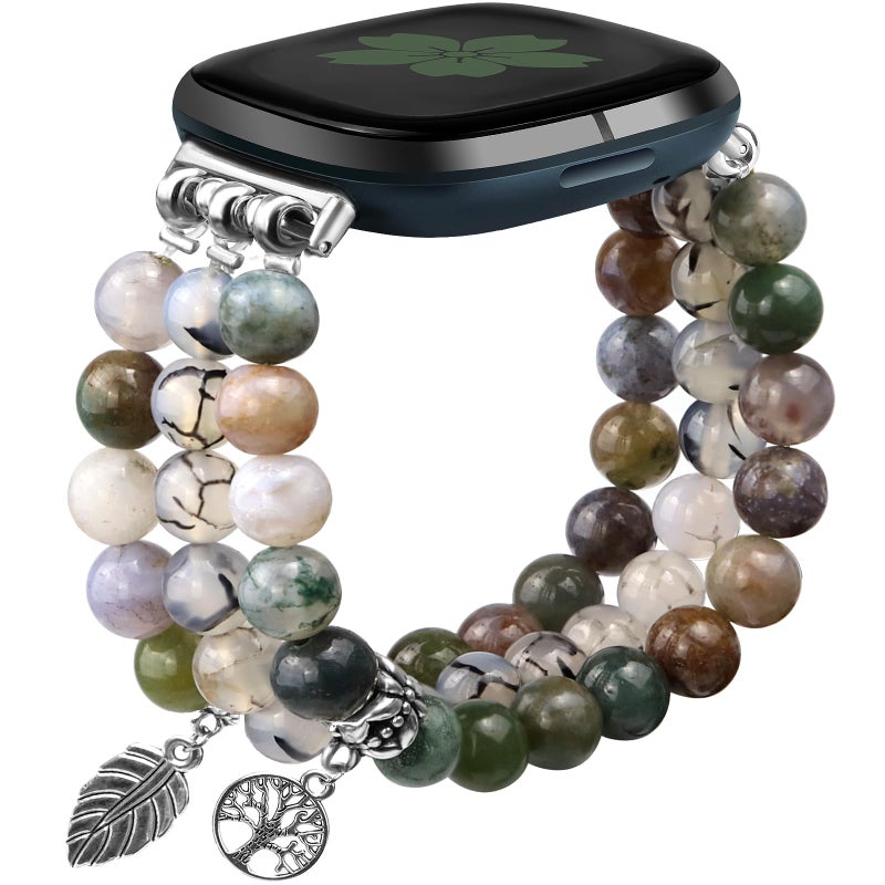 Newlibery Natural Stone Beaded Bracelet Watch Band Women for Fitbit Versa 4/Versa 3/Sense 2/Sense Bands Feminine Cute Handmade Boho Elastic Stretch Strap Replacement Agate Healing Stones Wristband - Image 1