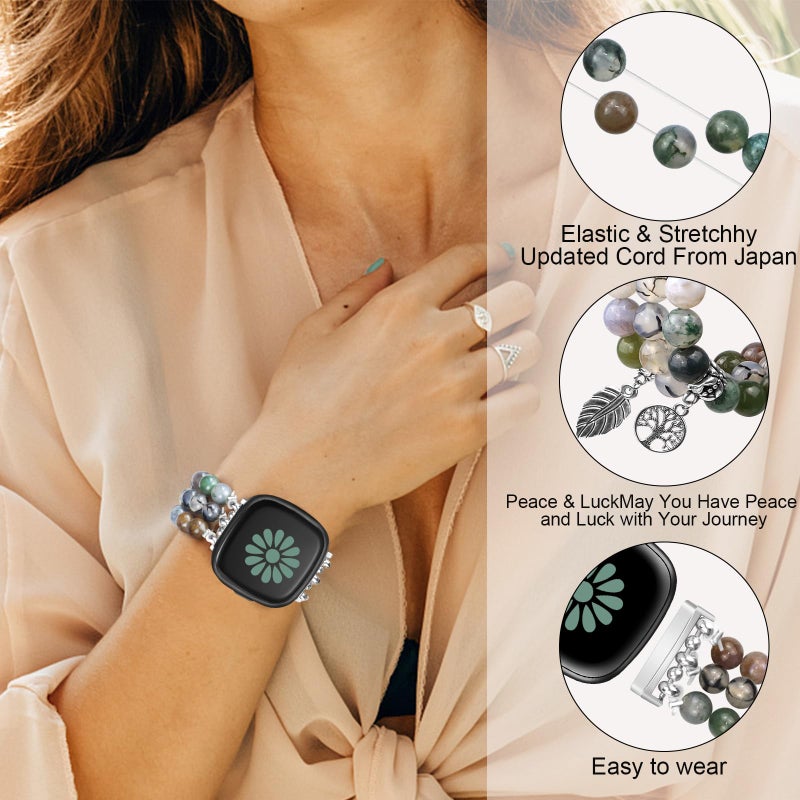 Newlibery Natural Stone Beaded Bracelet Watch Band Women for Fitbit Versa 4/Versa 3/Sense 2/Sense Bands Feminine Cute Handmade Boho Elastic Stretch Strap Replacement Agate Healing Stones Wristband - Image 5