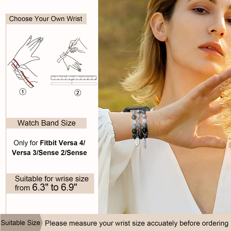 Newlibery Natural Stone Beaded Bracelet Watch Band Women for Fitbit Versa 4/Versa 3/Sense 2/Sense Bands Feminine Cute Handmade Boho Elastic Stretch Strap Replacement Agate Healing Stones Wristband - Image 2