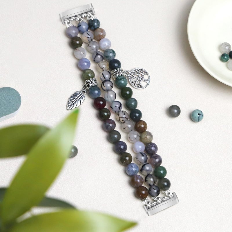 Newlibery Natural Stone Beaded Bracelet Watch Band Women for Fitbit Versa 4/Versa 3/Sense 2/Sense Bands Feminine Cute Handmade Boho Elastic Stretch Strap Replacement Agate Healing Stones Wristband - Image 3