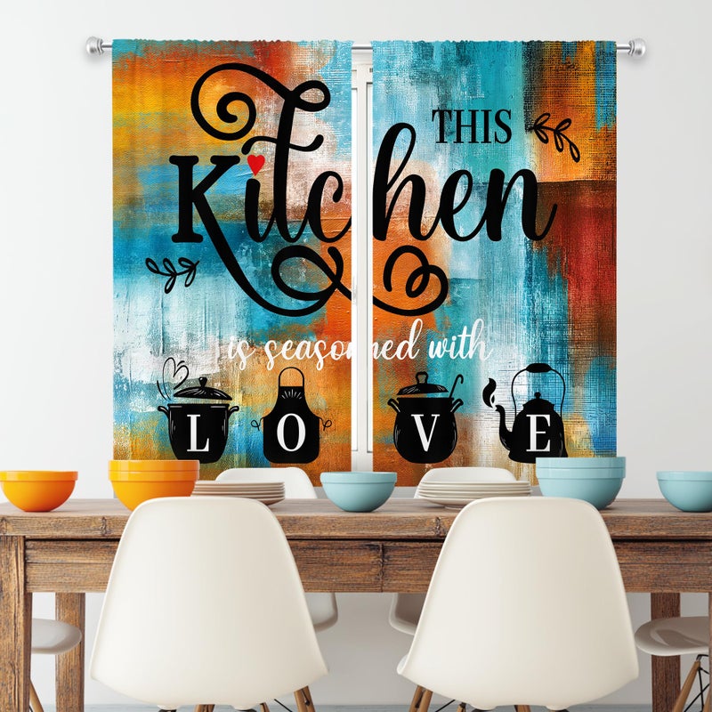 MESHELLY Brown Blue Abstract Kitchen Curtains 27.5Wx39H Inch Rod Pocket Rust Burnt Orange Teal Quotes Modern Contemporary Bedroom Window Drapes Neutral Painting Printed Living Room Window Treatment - Image 1