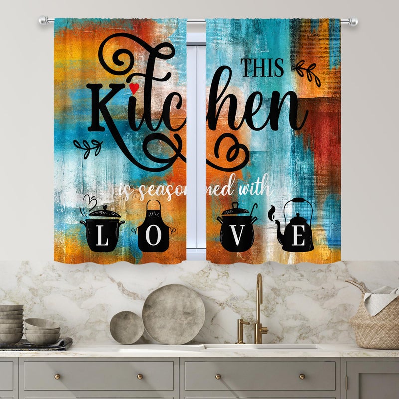 MESHELLY Brown Blue Abstract Kitchen Curtains 27.5Wx39H Inch Rod Pocket Rust Burnt Orange Teal Quotes Modern Contemporary Bedroom Window Drapes Neutral Painting Printed Living Room Window Treatment - Image 2