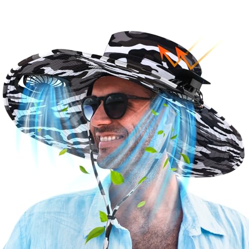 Berlune Men Sun Hat with 2 Solar Fan Fishing Wide Brim Sun Hat for Beach Outdoor Summer Camping, USB & Solar Powered(Black and White,Camouflage) - Image 1