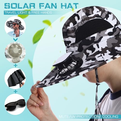 Berlune Men Sun Hat with 2 Solar Fan Fishing Wide Brim Sun Hat for Beach Outdoor Summer Camping, USB & Solar Powered(Black and White,Camouflage) - Image 4