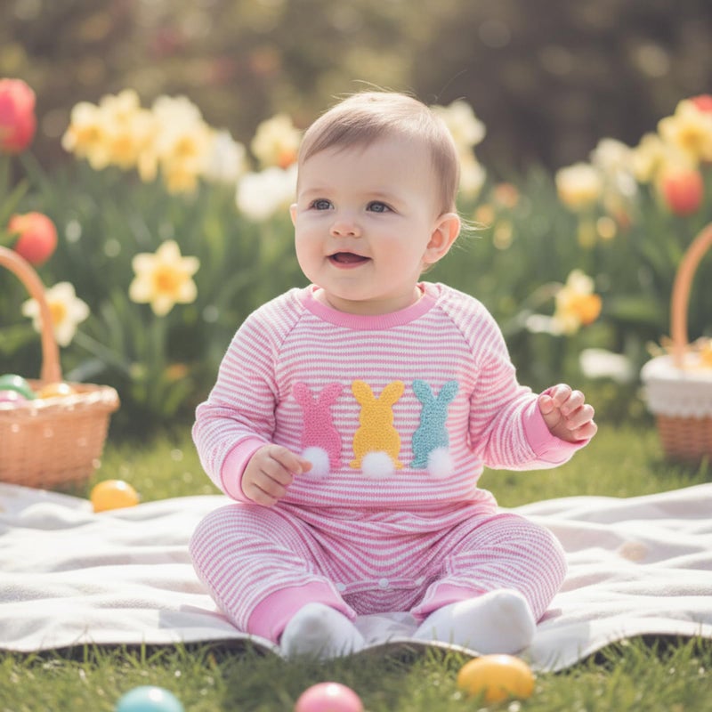 Rourufy Baby Girl Easter Outfit Newborn Waffle Knit Bunny Onesie Infant Rabbit Jumpsuit Long Sleeve Romper Spring Clothes (A Bunny Striped Pink, 6-12 Months) - Image 2