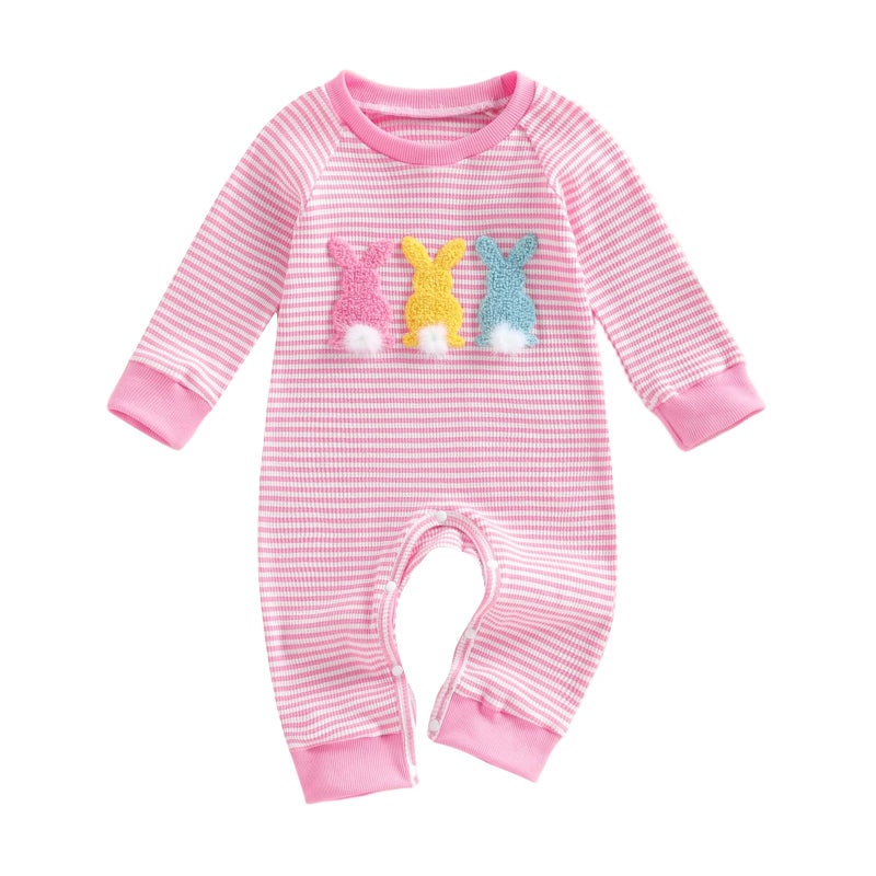 Rourufy Baby Girl Easter Outfit Newborn Waffle Knit Bunny Onesie Infant Rabbit Jumpsuit Long Sleeve Romper Spring Clothes (A Bunny Striped Pink, 6-12 Months) - Image 1