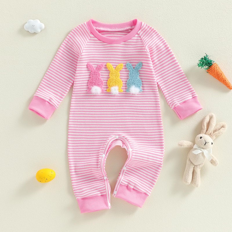 Rourufy Baby Girl Easter Outfit Newborn Waffle Knit Bunny Onesie Infant Rabbit Jumpsuit Long Sleeve Romper Spring Clothes (A Bunny Striped Pink, 6-12 Months) - Image 5