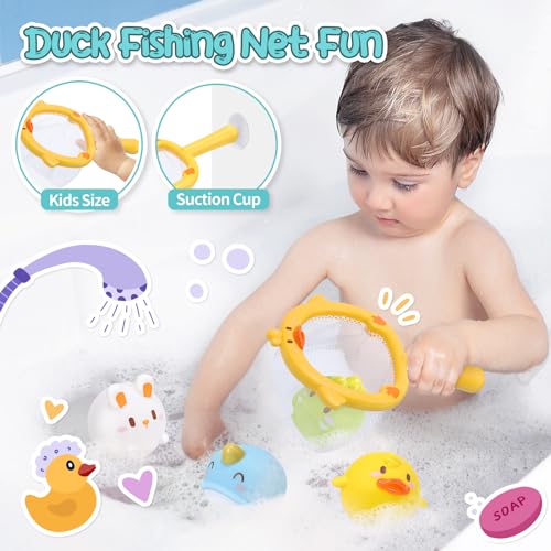 CUTE STONE Baby Bath Toys No Hole Floating Squirting Bathtub Toy W Water Slide Building Track Duck Fishing Net Game Toddler Shower Toys Water Pool Toys Educational Gifts for Boys Girls - Image 5