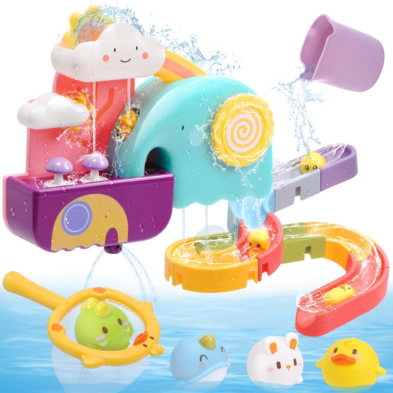 CUTE STONE Baby Bath Toys No Hole Floating Squirting Bathtub Toy W Water Slide Building Track Duck Fishing Net Game Toddler Shower Toys Water Pool Toys Educational Gifts for Boys Girls - Image 3