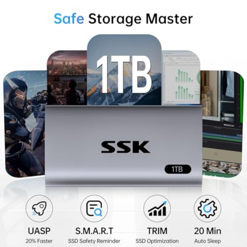 SSK 1TB Portable SSD External Hard Drive Solid State Drive up to 550MB s USB 3.2 Gen2 6Gbps External SSD USB-C cable and USB-A adapter LED Trim SMART On-The-Go OTG Compact Design - Image 4