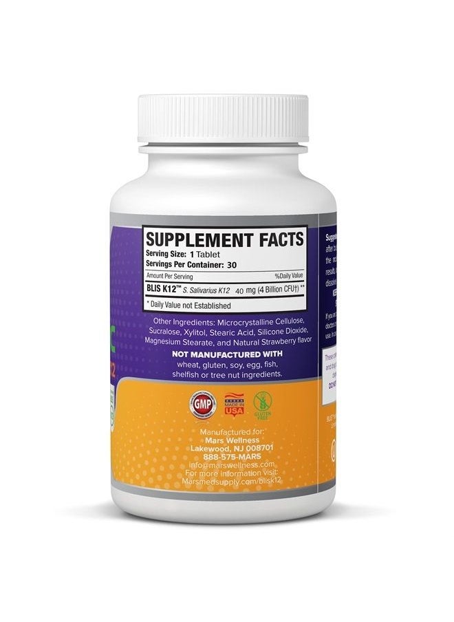 MARS WELLNESS - Oral Probiotic Supplement with BLIS K12 4 Billion CFU - Now Dairy Free - Doctor Formulated 30 Day Supply Bottle for Bad Breath, Strep, Cavities, Gum and Oral and Dental Health - Sugar Free - USA Made - Image 1