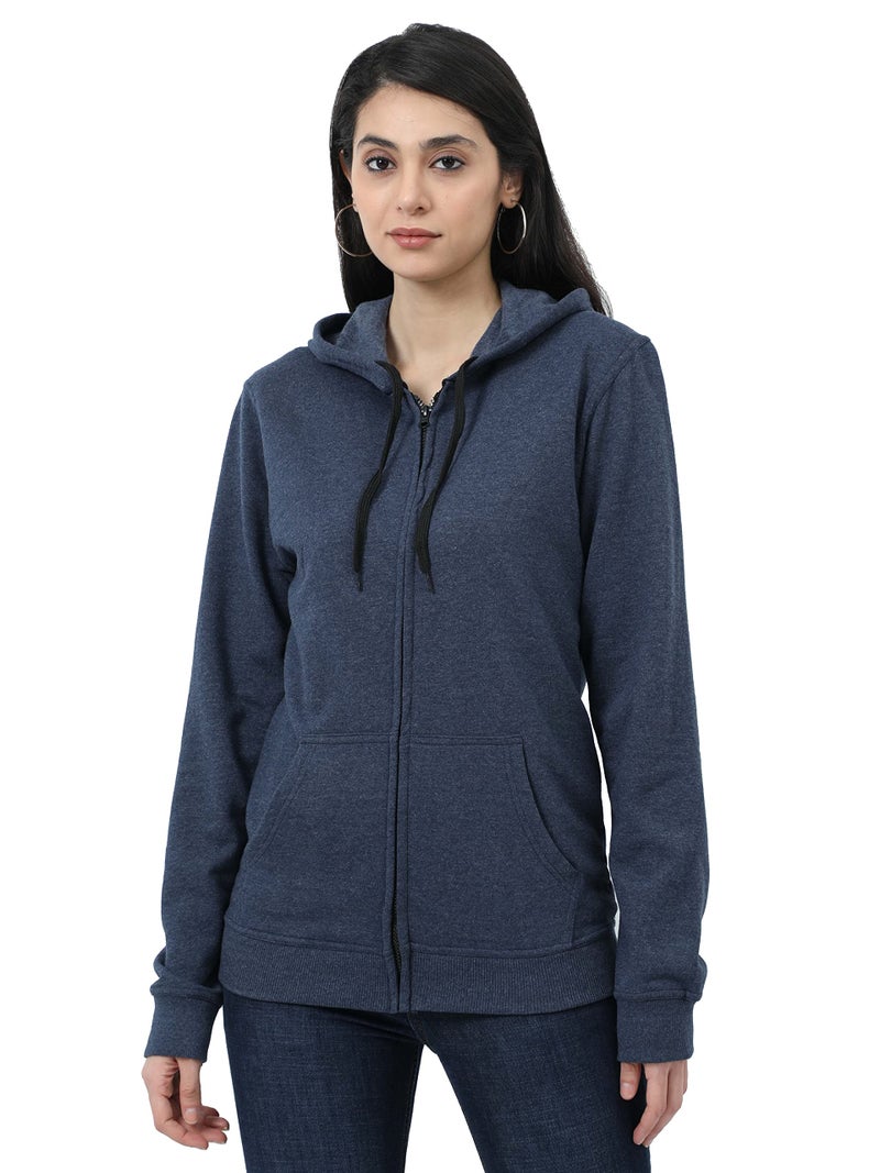 Wafaa Women's Cotton Plain Hooded Neck Full Zipper Navy Melange Color Regular Fit Sweatshirt Hoodies with Kangaroo Pocket XXL Size - Image 1