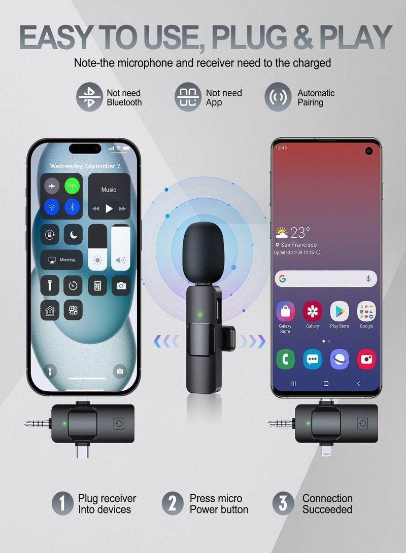 ميكروفون لافالير لاسلكي احترافي 3 في 1 لأجهزة iPhone وAndroid والكاميرات، ميكروفونات لاسلكية، ميكروفون صغير، جودة صوت فائقة الوضوح للتسجيل والبث المباشر، مشابك للميكروفون - Image 2
