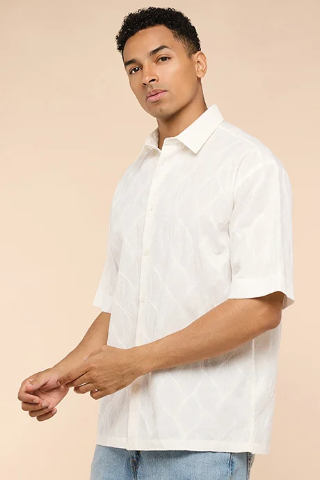 أر أند بي Textured Shirt with Classic Collar and Short Sleeves
