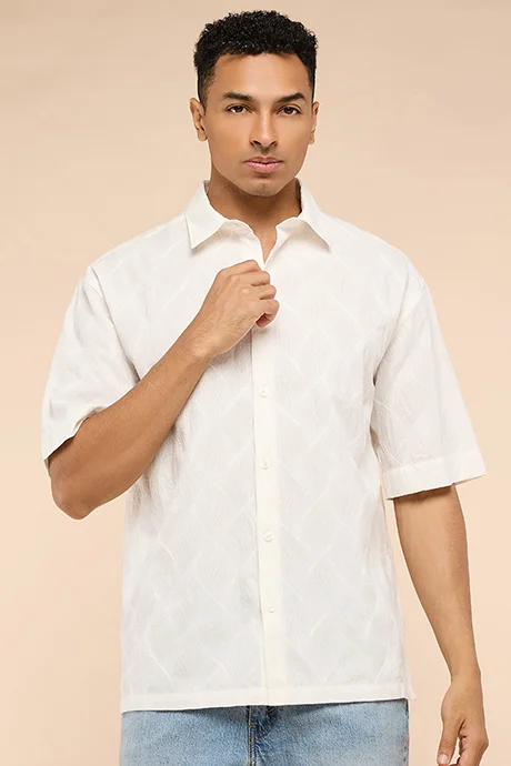 أر أند بي Textured Shirt with Classic Collar and Short Sleeves