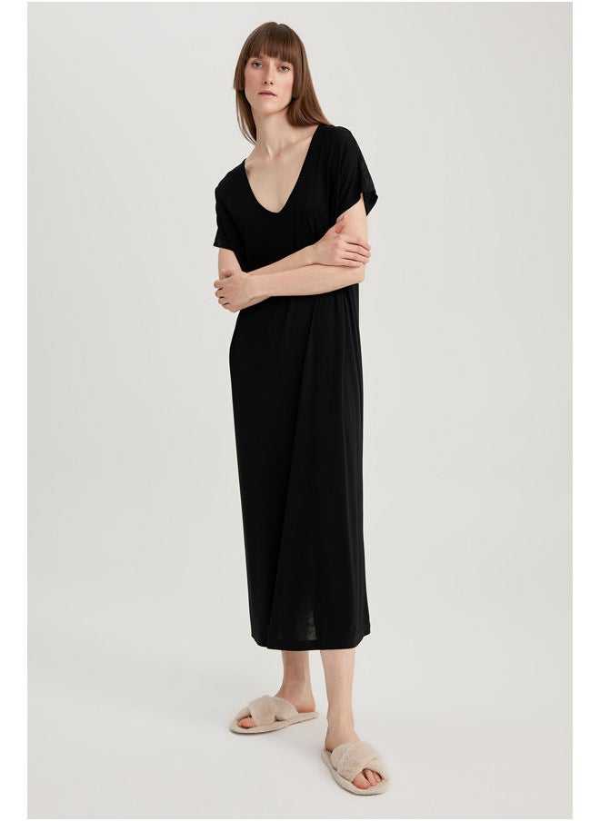 DeFacto - Woman Regular Fit V Neck Short Sleeve Homewear Knitted Dress - Image 1