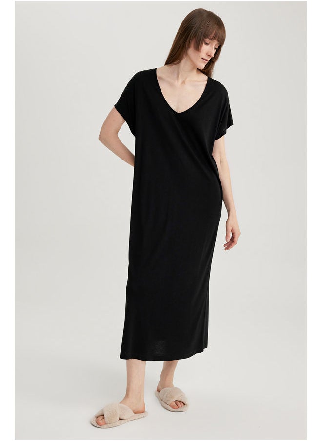 DeFacto - Woman Regular Fit V Neck Short Sleeve Homewear Knitted Dress - Image 1