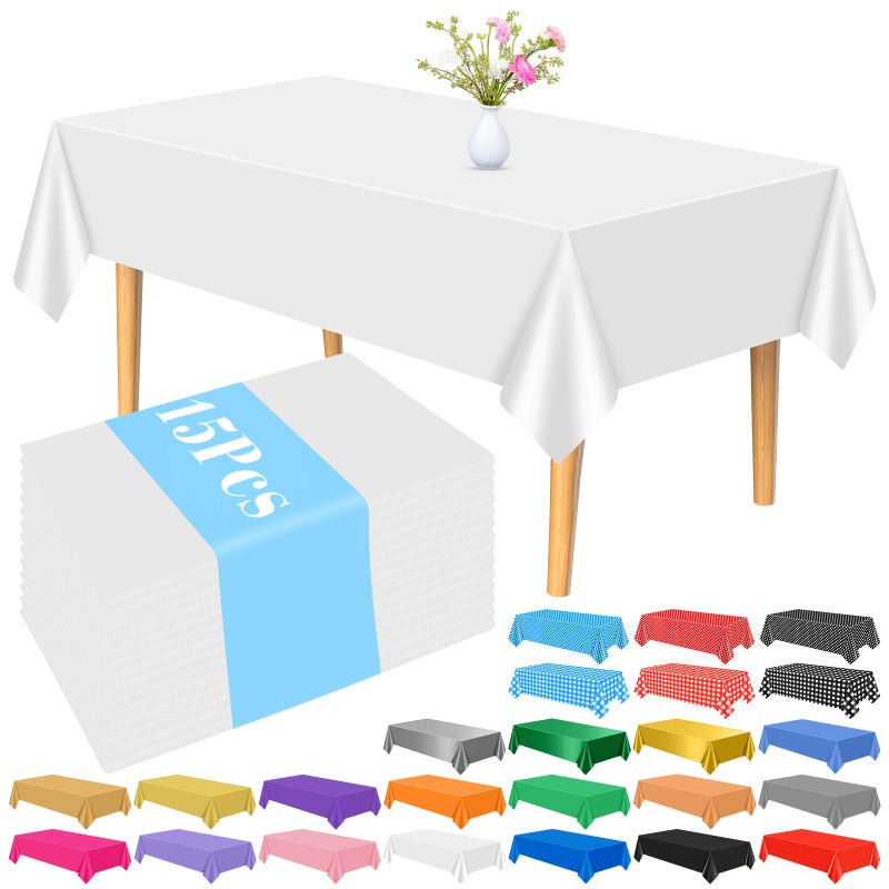 PLULON 15Pcs White Tablecloth Plastic Table Cover 137 x 274cm Rectangle Table Cloth for Graduation Birthday Baby Shower Wedding Party Home Kitchen Dining Table Decorations