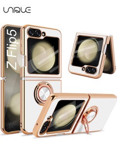 For Samsung Galaxy Z Flip 5 Case with Stand 360° Rotatable Ring Holder Kickstand [Magnetic Car Mount] Gold Plating for Women Men Shockproof Protective Cover for Samsung Z Flip 5 5G (White)