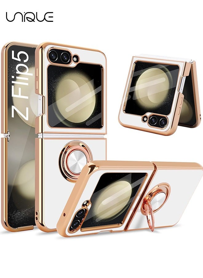 Unique - For Samsung Galaxy Z Flip 5 Case with Stand 360° Rotatable Ring Holder Kickstand [Magnetic Car Mount] Gold Plating for Women Men Shockproof Protective Cover for Samsung Z Flip 5 5G (White) - Image 1