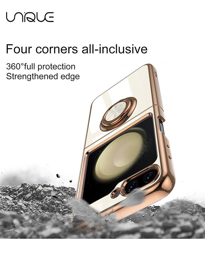 Unique - For Samsung Galaxy Z Flip 5 Case with Stand 360° Rotatable Ring Holder Kickstand [Magnetic Car Mount] Gold Plating for Women Men Shockproof Protective Cover for Samsung Z Flip 5 5G (White) - Image 1