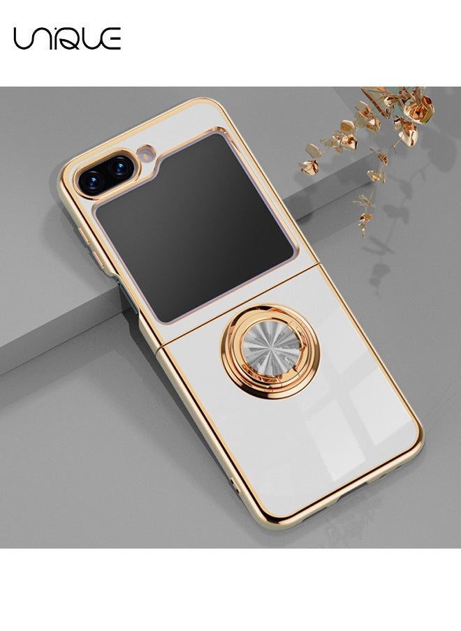 Unique - For Samsung Galaxy Z Flip 5 Case with Stand 360° Rotatable Ring Holder Kickstand [Magnetic Car Mount] Gold Plating for Women Men Shockproof Protective Cover for Samsung Z Flip 5 5G (White) - Image 1