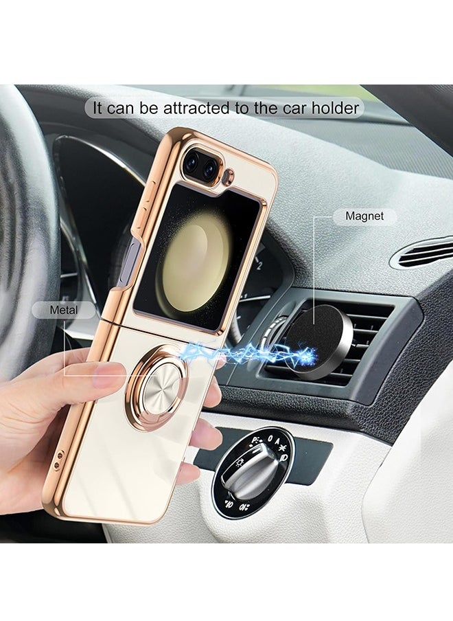Unique - For Samsung Galaxy Z Flip 5 Case with Stand 360° Rotatable Ring Holder Kickstand [Magnetic Car Mount] Gold Plating for Women Men Shockproof Protective Cover for Samsung Z Flip 5 5G (White) - Image 1
