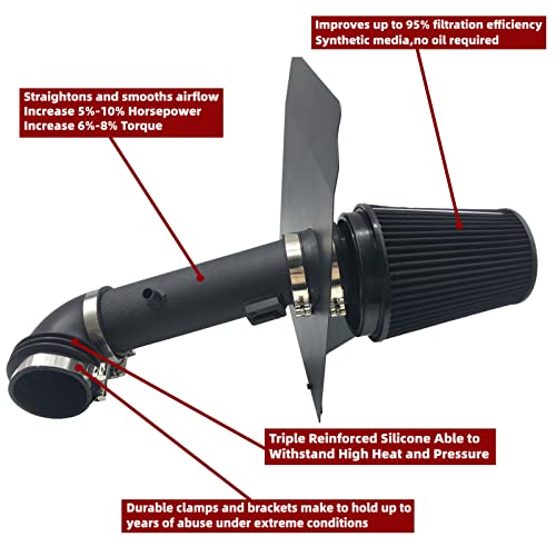 OBUYTO 3.5-Inch Cold Air Intake Kit with Heat Shield + Filter Compatible for Chevrolet Chevy Camaro LT/LS V6 2012-2015 (Black Tube & Red Filter) - Image 2