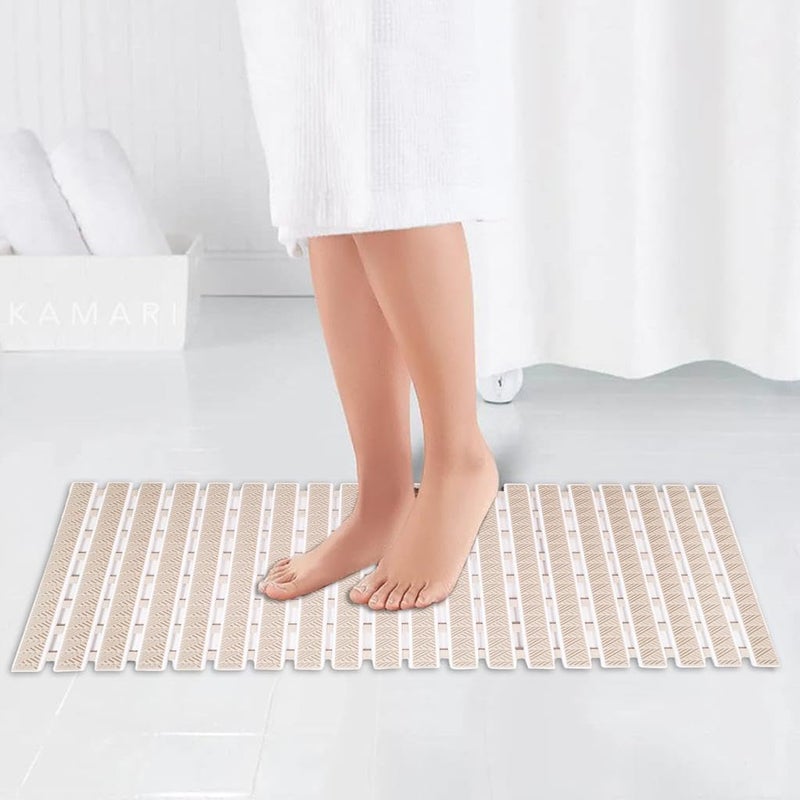 JUGTE PVC Shower Mat Anti-Slip With Suction Cups and Drain Holes, Anti-Skid Plastic Rubber for Bathtub Floor (Beige) - Image 1