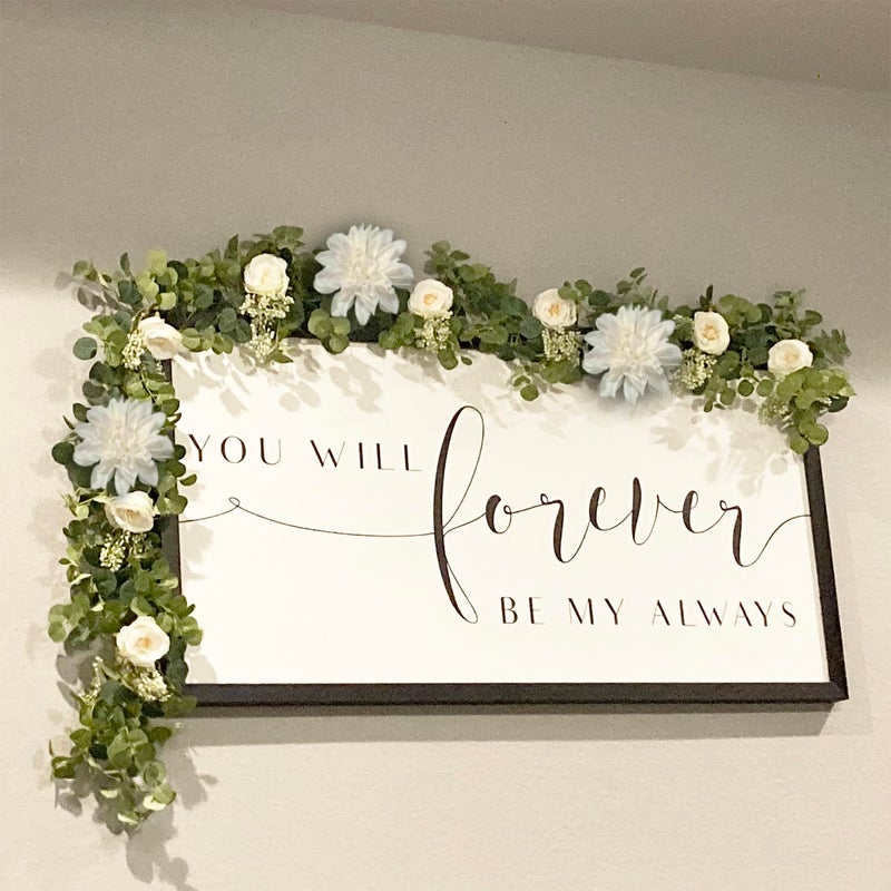 OrgMemory Artificial Flower Garlands, Rose Flower Vine, Artificial Eucalyptus Garland with Flowers, 6' Floral Garland for Wedding Decor Home Table Runner Mantle (White) - Image 5