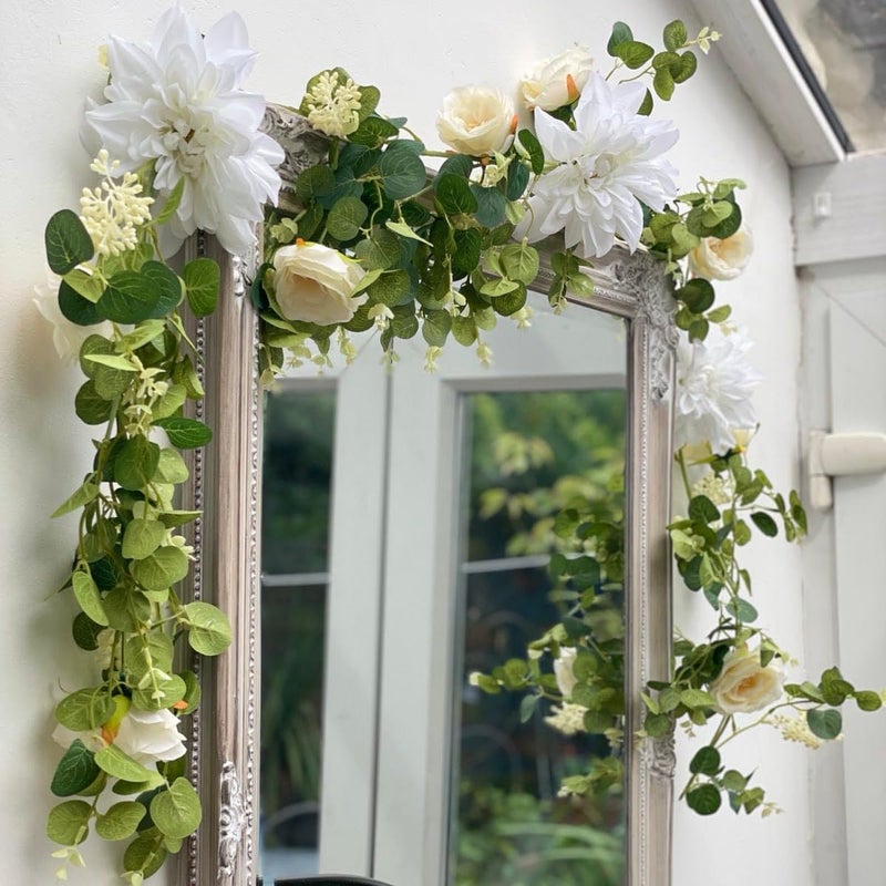 OrgMemory Artificial Flower Garlands, Rose Flower Vine, Artificial Eucalyptus Garland with Flowers, 6' Floral Garland for Wedding Decor Home Table Runner Mantle (White) - Image 4
