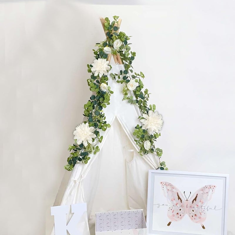 OrgMemory Artificial Flower Garlands, Rose Flower Vine, Artificial Eucalyptus Garland with Flowers, 6' Floral Garland for Wedding Decor Home Table Runner Mantle (White) - Image 2