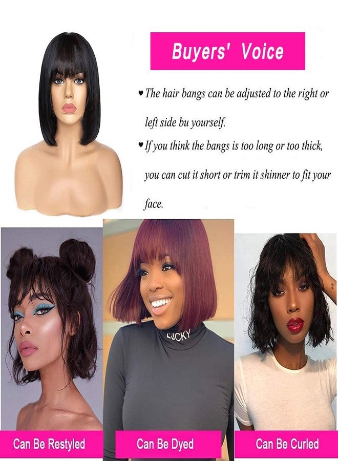 Rebasar Short Bob Wig with Bangs 10 Inch Brazilian Straight Hair None Lace Front Bob Wig Human Hair Wigs for Black Women Human Hair Glueless Wear and Go Natural Black Wig - Image 5