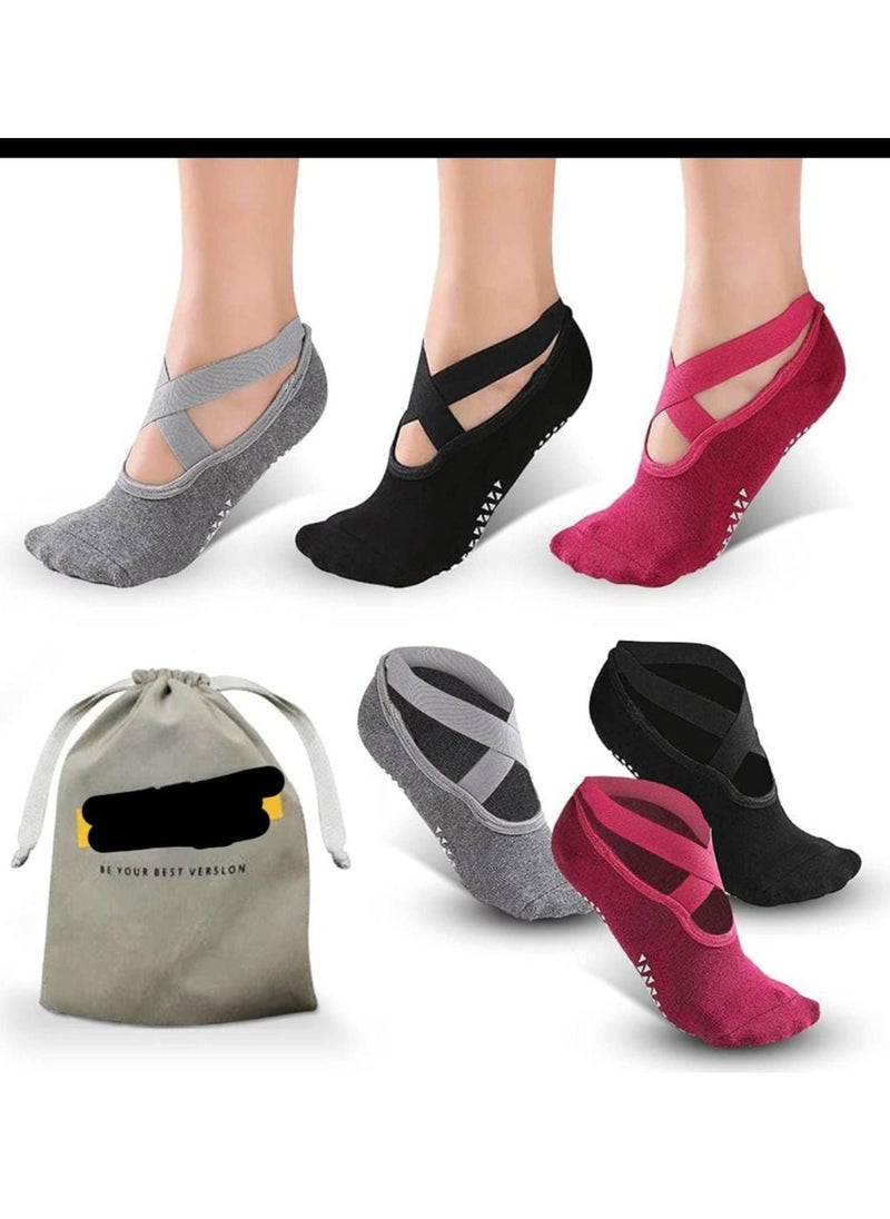 Generic - 3 pairs Strap Non slip Yoga Socks for Women Yoga Special Sports Socks Non Slip Grip Socks with Cushion for Yoga Pilates Barre Home and Hospital - Image 1