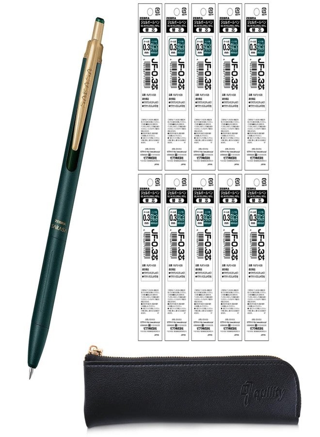 QULLITY ZEBRA SARASA GRAND Gel Ballpoint Pen 0.3mm Green Black + 10 Refills, qullity original Black slim pen case - Image 1