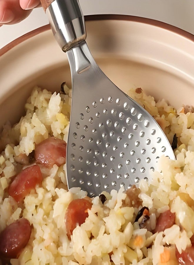 Akshify Rice Serving Spoon Stainless Steel with Wooden Handle, Heavy Duty Non Stick Rice Scoop Ladle for Biryani Pulao Khichdi, Rust Proof Durable Bhat Chamcha for Kitchen Home Restaurant Use (Round) - Image 4