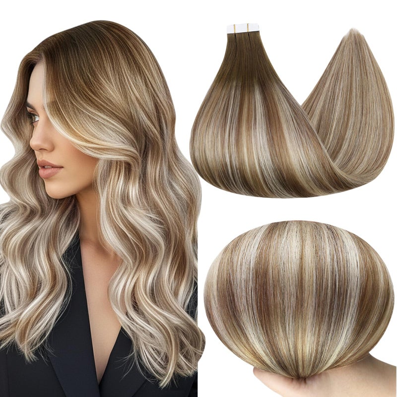 Full Shine Human Hair Tape in Extensions 12Inch Darker Brown to Ash Brown Highlight Medium Blonde Tape ins for Women Pu Hair Extensions 30g 20Pcs 3/8/22 Seamless Tape in Hair Extensions Remy Hair - Image 1