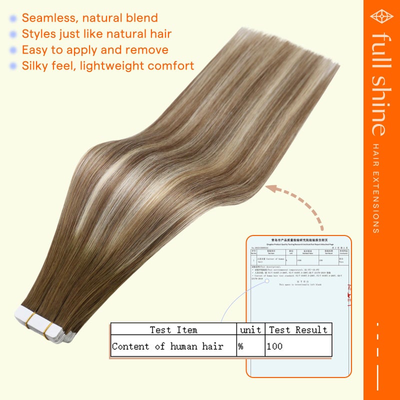 Full Shine Human Hair Tape in Extensions 12Inch Darker Brown to Ash Brown Highlight Medium Blonde Tape ins for Women Pu Hair Extensions 30g 20Pcs 3/8/22 Seamless Tape in Hair Extensions Remy Hair - Image 3