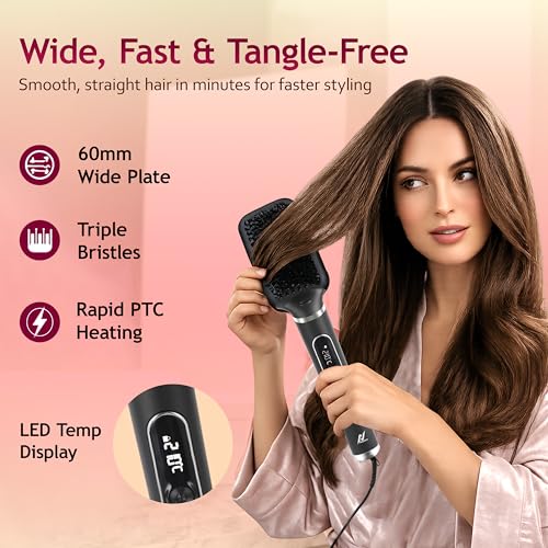 NexLev Ionic Hair Straightener Brush for Woman|Frizz-Free Straightening upto 12H| Ceramic Plates |60mm Wide Brush |130-210° |Keratin Bristles| Thermo Protect Technology|No Scalp Burn|1500W|HSB-03 - Image 2