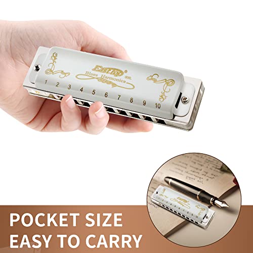 East top Blues Harmonica, 10 Holes 20 Tones Diatonic Blues Mouth Organ Harmonica Key of Db with White Cover, T008L Harmonica for Adults, Professionals and Students - Image 5