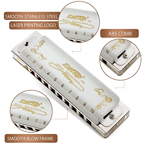 East top Blues Harmonica, 10 Holes 20 Tones Diatonic Blues Mouth Organ Harmonica Key of Db with White Cover, T008L Harmonica for Adults, Professionals and Students - Image 2