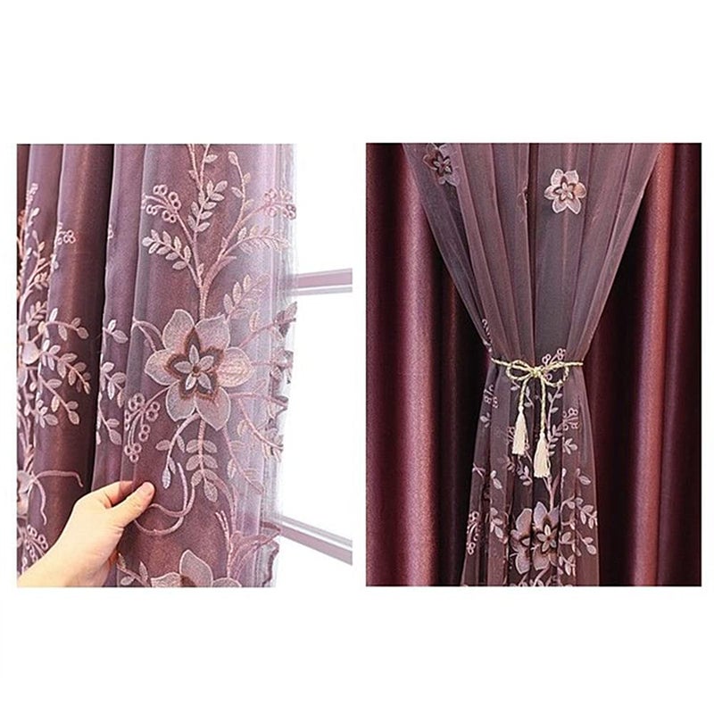 Amidoudou 1 Pair European Double Layer Curtains for Living Room Bedroom Luxury Flower Embroidered Curtains with Valance (Purple,52x102 Inch) - Image 3