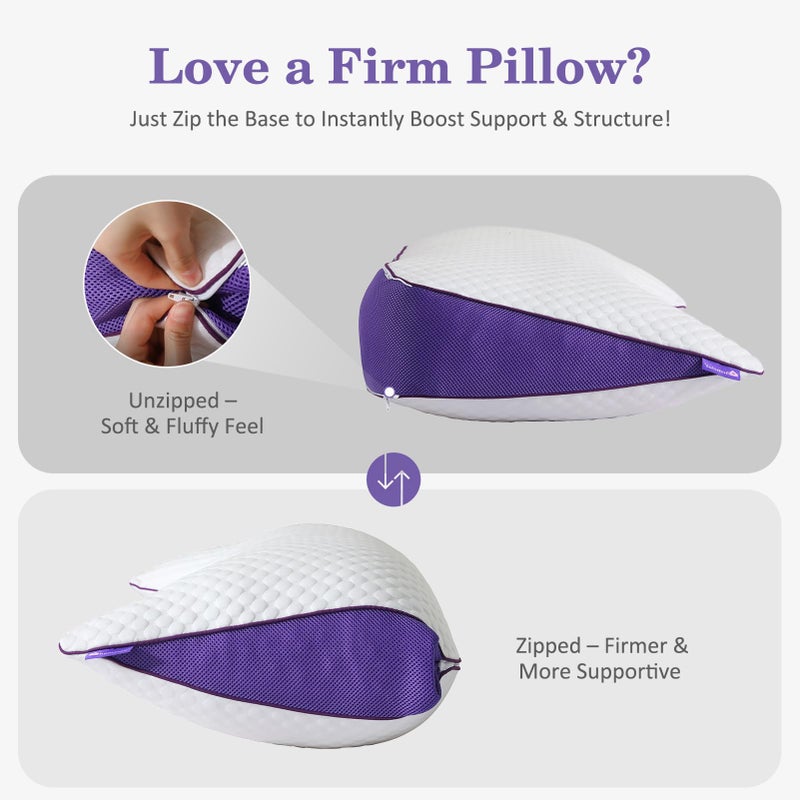 HOMELAB Adjustable Crescent Shredded Memory Foam Pillows King Size, Cooling Bed Pillows for Sleeping with Removable Cover, 1 Pack Medium Pillow for Side Sleepers, 20"x34" - Image 5