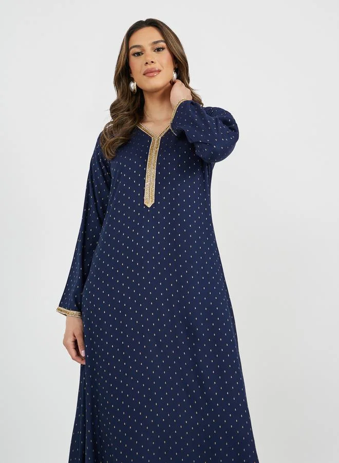 Styli Jacquard V-Neck Jalabiya with Lace Trim Detail